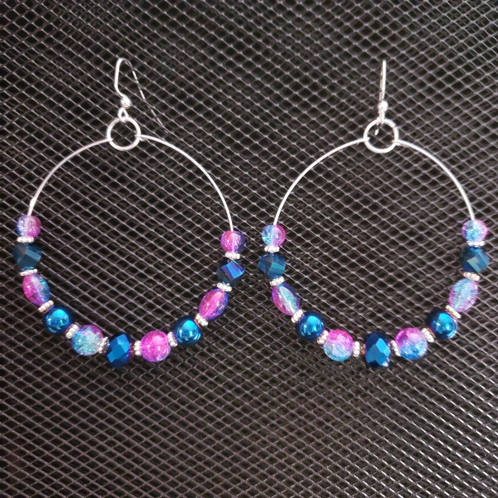 Metallic blue and aqua/fuchsia crackled glass hoop earrings